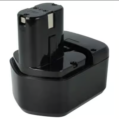Een zwarte Hitachi / HiKOKI 12V Accu Insteek - 3.3Ah Ni-MH (EB 1212S / EB 1220BL) accu met een rechthoekige basis, twee metalen aansluitingen en een compact ontwerp - ideaal als vervangend accugereedschap.