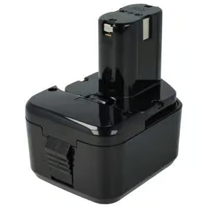 Een zwarte, rechthoekige Hitachi/HiKOKI 12V Accu Insteek 3.3Ah Ni-MH (EB 1212S / EB 1220BL) accu met een uitstekende pool aan de bovenkant en een vergrendeling aan de zijkant voor stevige bevestiging aan elektrisch gereedschap.