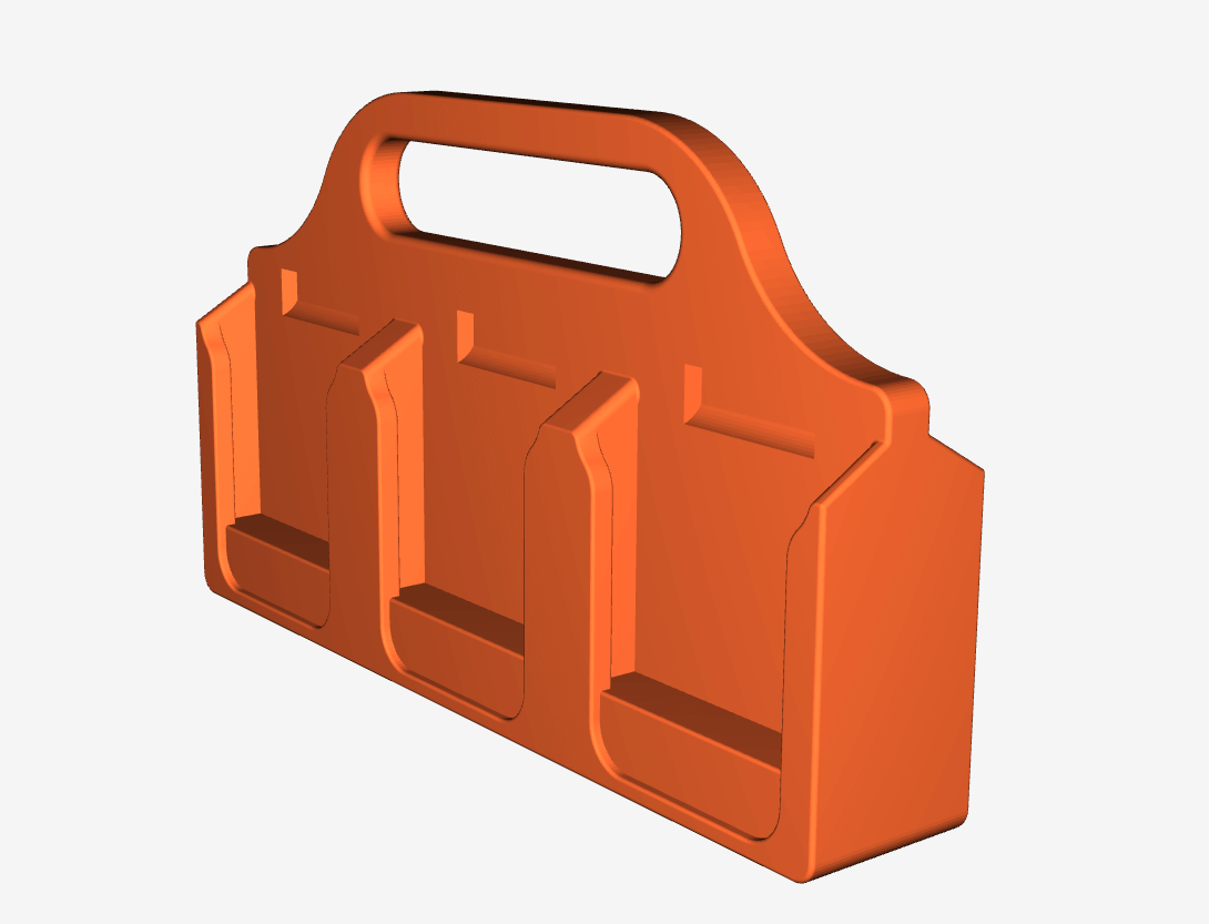 Een 3D-geprinte zwarte Makita Accuhouder & Transportdrager met een handgreep en drie verticale sleuven, ontworpen om gereedschap of accessoires in op te bergen.