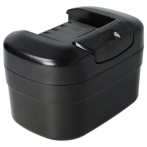 Een zwart, rechthoekig plastic apparaat met afgeronde hoeken en een vergrendeling aan de voorkant, vergelijkbaar met een Senco 14,4V Ni-MH accu (vervangt PPA014, PPA014B), compatibel met DS202, DS205 en DS212.