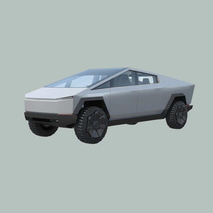 Een futuristische, hoekige zilveren elektrische pick-uptruck met grote ruige banden, getinte ramen en een minimalistisch ontwerp, geïsoleerd op een lichtgrijze achtergrond.