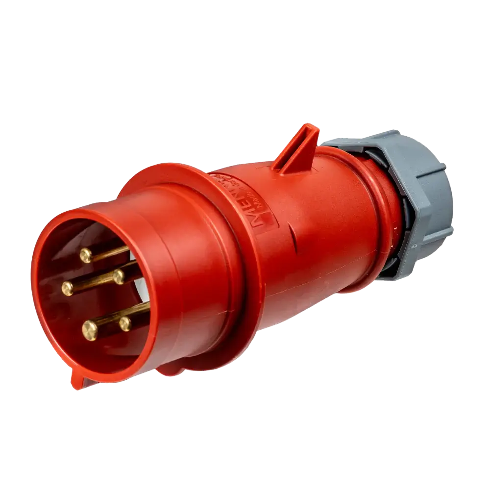 Een rode Type 2 CEE 32A 3-Fase mobiele laadkabel (22kW, verstelbaar) stekker met vijf pinnen en grijze dop is afgebeeld op zijn kant tegen een witte achtergrond. Nederlands product, 3 jaar garantie.