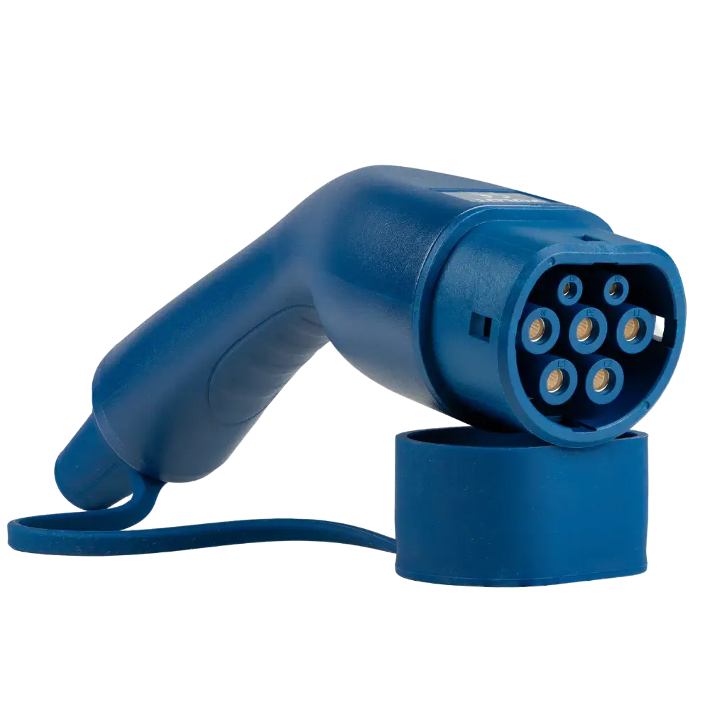 Hieronder zie je een blauwe elektrische laadstekker met ronde pinnen en dop, ideaal voor de Type 2 Schuko 230V Mobiele laadkabel, regelbaar tot 3,7kW, 3 jaar garantie, een Nederlands product.