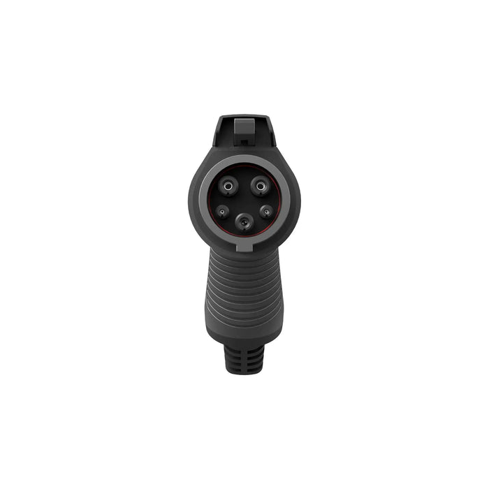 De Laadkabel voor laadpaal type 1 7,2kW 32A voor elektrische auto is van voren afgebeeld in zwart en grijs, met de ronde SAE J1772-connector met vijf metalen pinnen en een handgreep met structuur tegen een effen witte achtergrond.