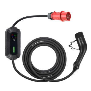 De 🇳🇱 VOLDT Booster EV Set 3-Fase 16A 11kW thuislader met multi-adapters is een thuislader van Nederlandse makelij met controlebox, LED-indicatoren, rode industriële stekker en zwarte laadstekker, allemaal netjes opgerold; inclusief 3 jaar garantie.