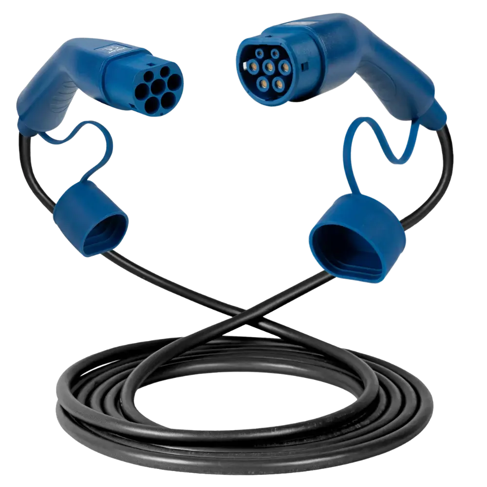 De 🇳🇱 VOLDT Type 2 Mode 3 32A 22kW Laadkabel is een premium, opgerolde zwarte EV-laadkabel met blauwe handgrepen en connectorkappen, voorzien van IP67-bescherming voor snel en veilig opladen thuis of bij openbare stations.