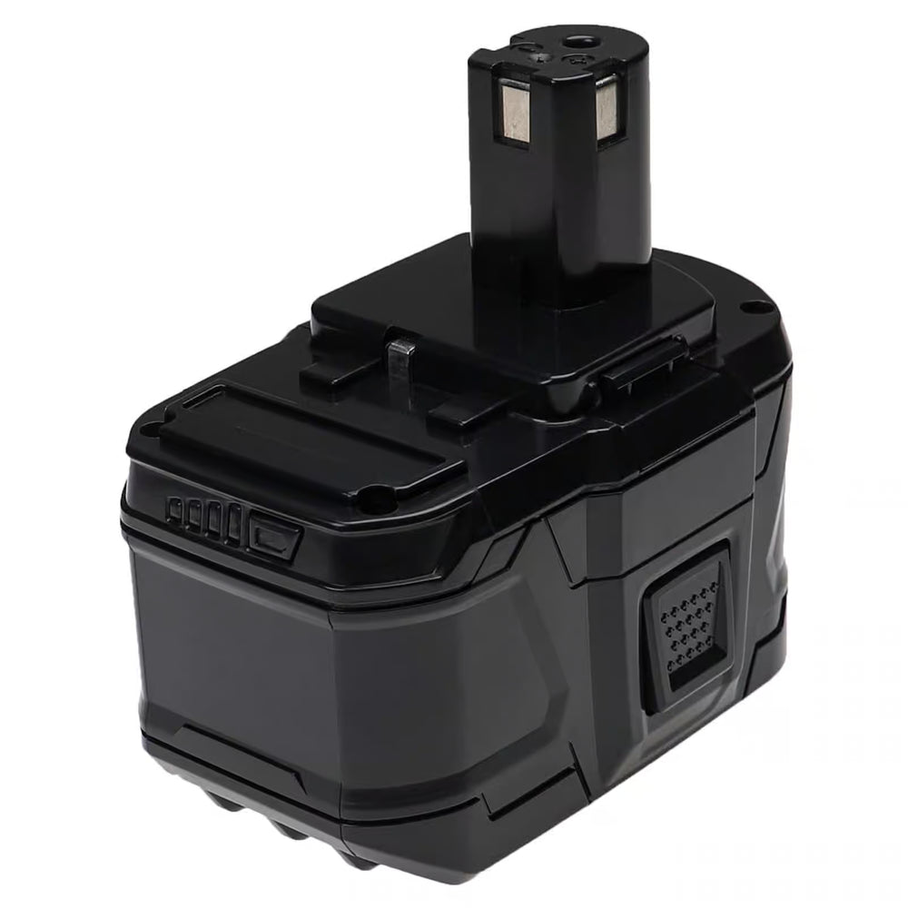 De Ryobi 18V ONE+ XL Accu Li-ion 7,5Ah (7500mAh High-Output) is een zwarte, rechthoekige snoerloze accu met LED-indicatielampjes, handgreep met textuur, bovenaansluiting en werkt als vervangende accu voor Ryobi ONE+ 18V gereedschap.