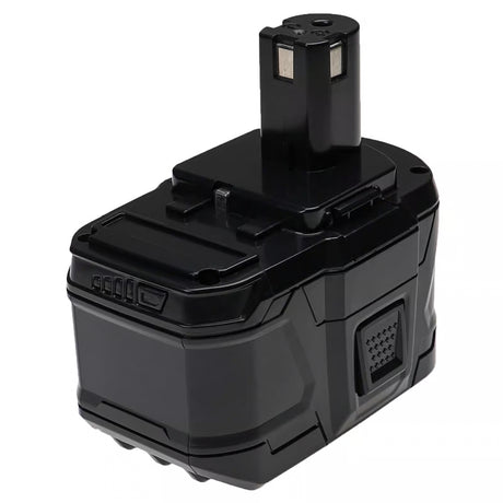 De Ryobi 18V ONE+ XL Accu Li-ion 7,5Ah (7500mAh High-Output) is een zwarte, rechthoekige snoerloze accu met LED-indicatielampjes, handgreep met textuur, bovenaansluiting en werkt als vervangende accu voor Ryobi ONE+ 18V gereedschap.