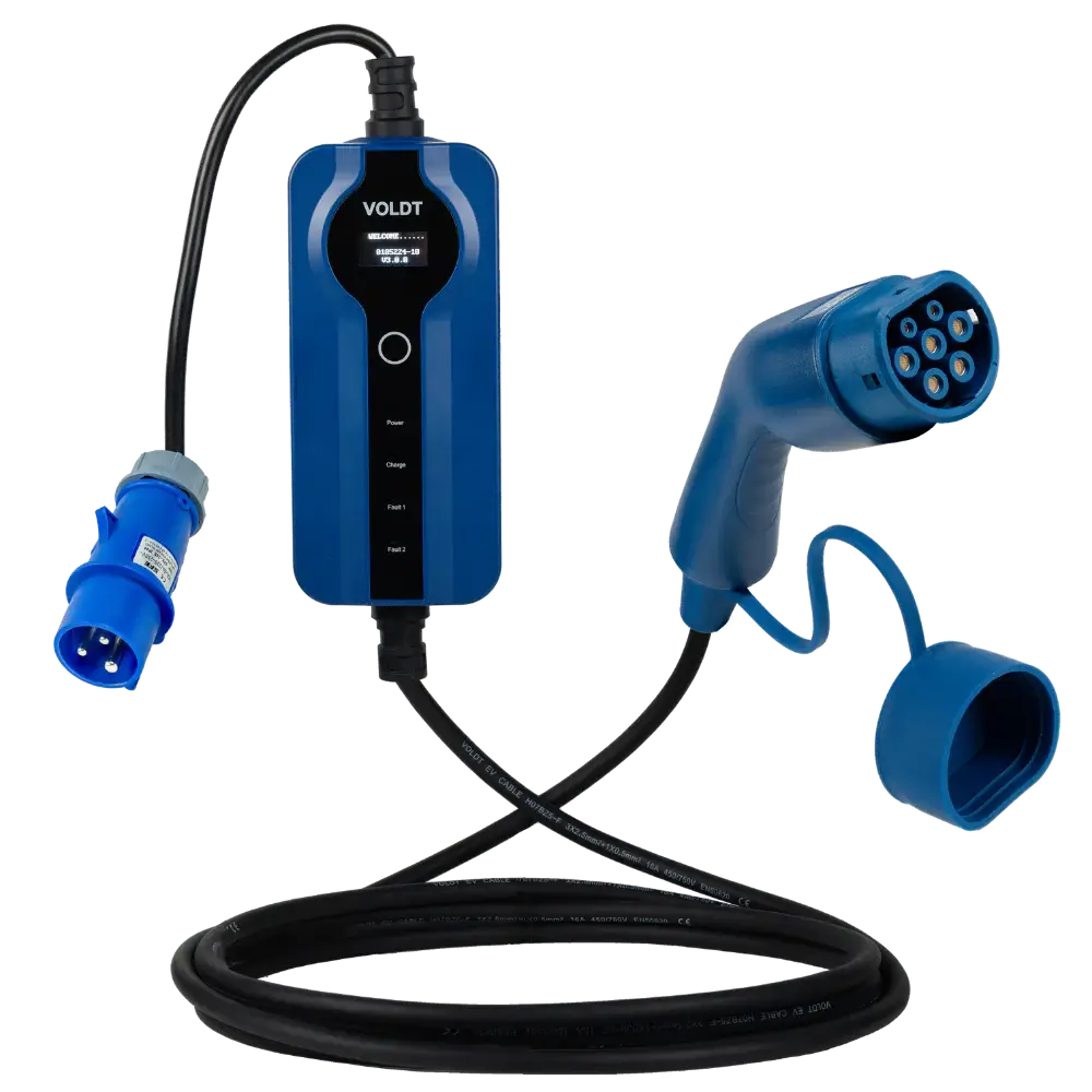 De 🇳🇱 Voldt Type 2 CEE 16A Mobiele Laadkabel (1-fase, instelbaar, 3,7kW) met schakelkast en industriële stekker wordt getoond op een witte achtergrond. Nederlands product met 3 jaar garantie.