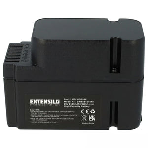 De Worx Landroid 28V Accu Li-ion (M- & L-Serie) - 2,5Ah (WA3225 / WA3226) is een zwarte, rechthoekige accu met hoge capaciteit, voorzien van waarschuwingslabels en certificeringen, die dient als vervangende accu voor compatibele 28V robotmaaiers.
