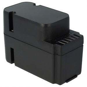 De Worx Landroid 28V Accu Li-ion (M- & L-Serie) 2,5Ah (WA3225 / WA3226), een zwart, rechthoekig kunststof onderdeel met ventilatieopeningen en een ingekeepte bovenkant, wordt afgebeeld tegen een witte achtergrond.