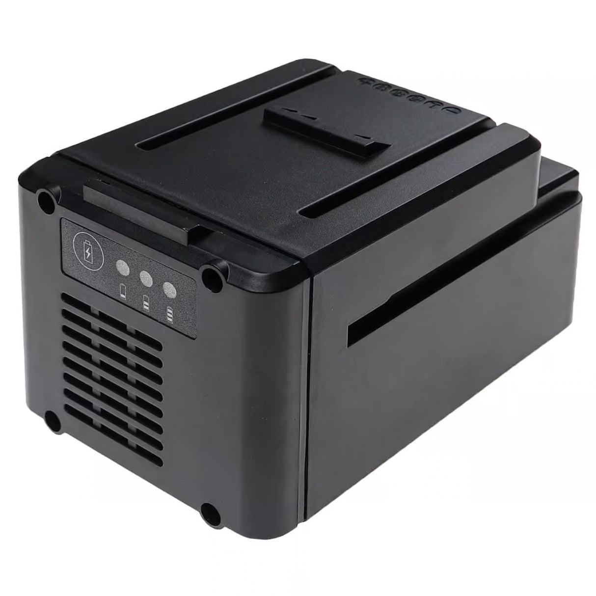 De Worx 40V Accu Li-ion - 2,5Ah (WA3536/WA3555) is een zwarte accu met indicatielampjes en ventilatiesleuven, ontworpen voor gebruik met elektronische apparaten of camera's.