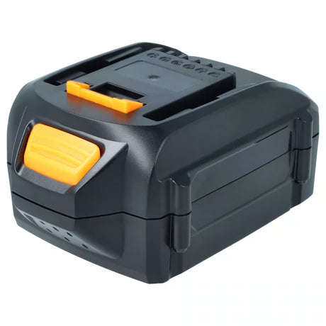 De Worx / Rockwell 18V-20V Max Accu Li-ion (RW9161 / RW9351.1 PowerShare) is een zwarte, rechthoekige oplaadbare accu met oranje accenten en aansluitklemmen aan de bovenkant - ideaal als vervangende accu voor PowerShare gereedschap.