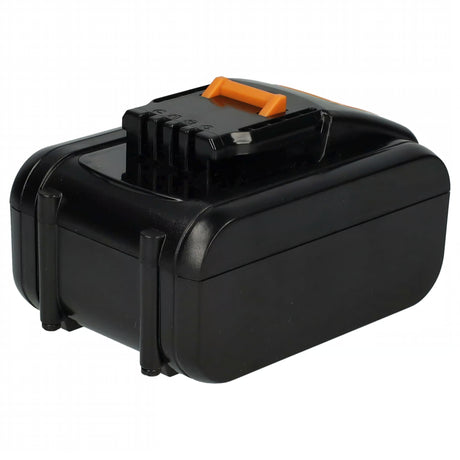 Dit is een zwarte rechthoekige Worx / Rockwell 18V-20V Max Li-ion accu (RW9161 / RW9351.1 PowerShare) voor elektrisch gereedschap, met een oranje ontgrendeling en connector aan de zijkant; compatibel als vervanging voor Worx PowerShare-systemen.