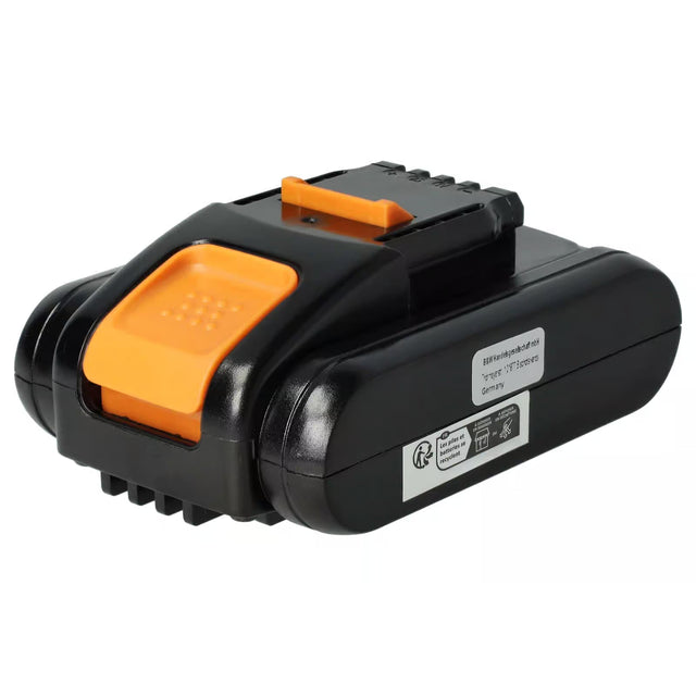 Een zwarte 18V-20V Max Li-ion accu (Worx/Rockwell RW9161/RW9351.1 PowerShare) met oranje details en zijlabel, ideaal als vervangende accu of voor Worx PowerShare gereedschap; heeft een geribbelde greep en connectorsleuven.