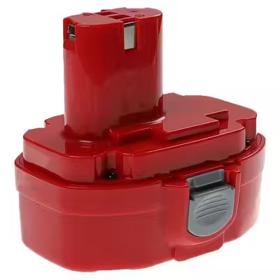 Een rode 18V Ni-MH accu voor Makita 1822 voor elektrisch gereedschap, met een gebogen onderkant, vergrendeling aan de zijkant en metalen contactpunten aan de bovenkant. Compatibel als vervangende accu Makita 1822.
