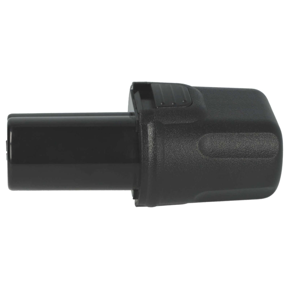 Een zwart Accu voor DeWALT DC600 3,6V gereedschap, waarschijnlijk voor een elektrisch gereedschap, is van opzij afgebeeld tegen een witte achtergrond. De Ni-MH batterij heeft een rechthoekige basis en cilindrische connector.