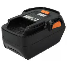 De AEG Pro18V Accu Li-ion (L1815R/L1830R/L1840R) is een zwarte rechthoekige batterij met oranje accenten en een aansluitingssleuf aan de bovenkant, perfect als vervangingsaccu voor professioneel accugereedschap.