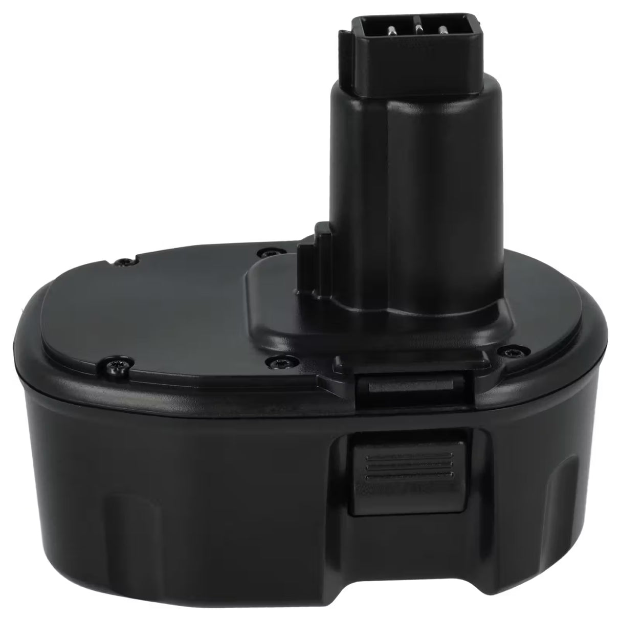 Een zwarte DeWALT DC528 12V accu met NiMH-technologie, met een rechthoekige bovenaansluiting en een afgeronde onderkant, wordt afgebeeld tegen een witte achtergrond.