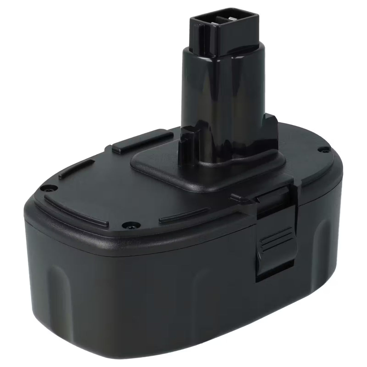 De Accu voor DeWALT DC9096 18V gereedschap is een zwarte vervangende Li-Ion accu met een rechthoekige basis, verticale groefconnector en vergrendelingssluiting, ideaal als oplaadbare accubatterij voor elektrisch gereedschap.