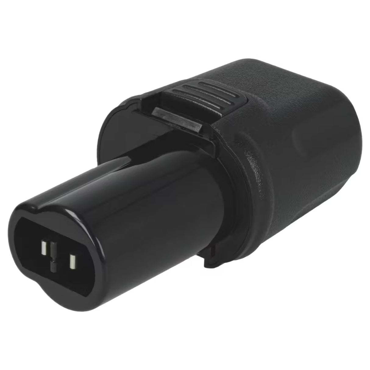 Een zwarte voedingsadapter met twee metalen pinnen en een handgreep met structuur, ideaal voor gebruik met de Accu voor DeWALT DC600 3,6V gereedschap of compatibele Ni-MH accu DeWALT apparaten.