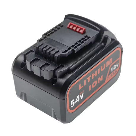 De DeWalt DCB547 XR FLEXVOLT accu 54V (2,5 Ah) en 18V (7,5 Ah) is een zwarte accu met rode en witte spanningsaanduiding, ontworpen voor DeWALT accugereedschap, met zichtbare aansluitingen en een robuust FLEXVOLT-ontwerp.