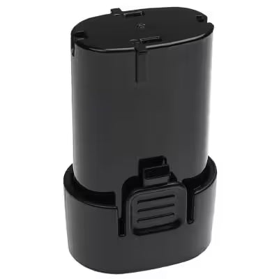 Een zwarte, cilindervormige Accu voor Makita CL070 7,2V Li-Ion accu met een rechthoekige basis en een vergrendeling aan de voorkant voor stevige bevestiging aan je apparaat.