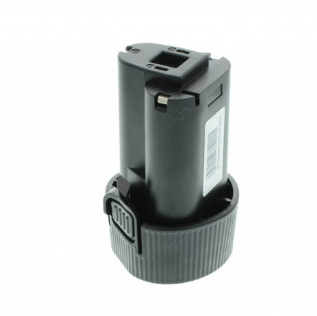 Een zwarte cilindervormige Vervangende Makita BL1013 accu - 10,8V Li-ion, met grijze geribbelde basis en ontgrendelingsknop-ideaal als vervanging voor 194550-6, 194551-4, 195332-9 of BL1014 Makita accu's.