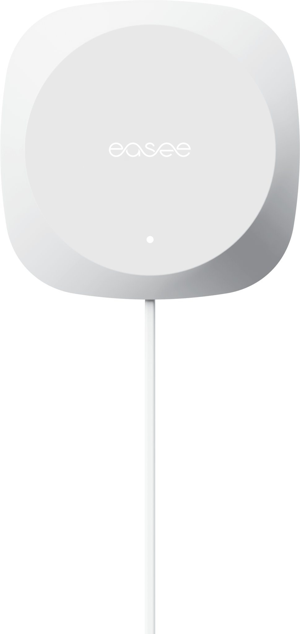 Een wit, vierkant apparaat voor wandmontage met afgeronde hoeken en een centraal Easee-logo - perfect als laadpaal thuis, ter ondersteuning van load balancing via de Easee Equalizer Load balancing voor P1 poort van slimme meter.