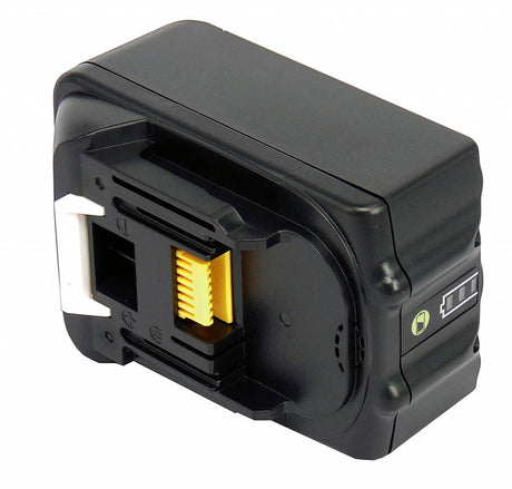 Een Makita 18V Li-ion accu met LED-indicator, vervangende accu compatibel met BL1830B, BL1840B, BL1850B en BL1860B, geschikt voor Makita DDF, DHP, DTD en DHR gereedschap. Afgebeeld tegen een witte achtergrond.