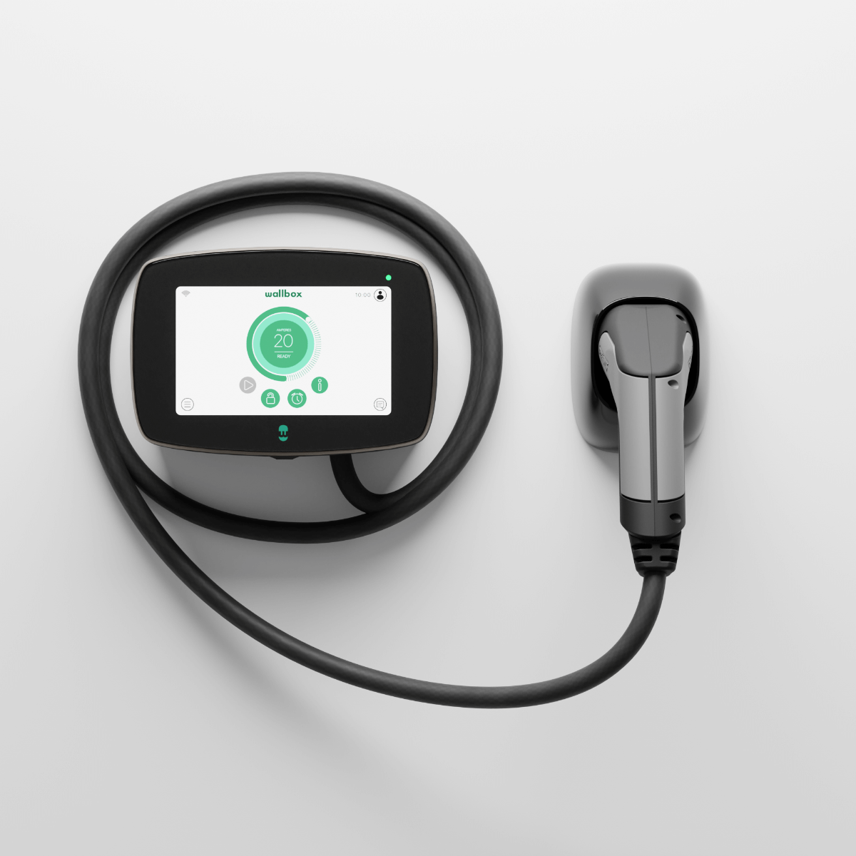 De Wallbox Commander 2: de laadpaal voor elke EV met type 2 aansluiting, voorzien van digitaal display en zwarte spiraalkabel met stekker, ideaal voor elektrische auto's, getoond op een effen witte achtergrond.