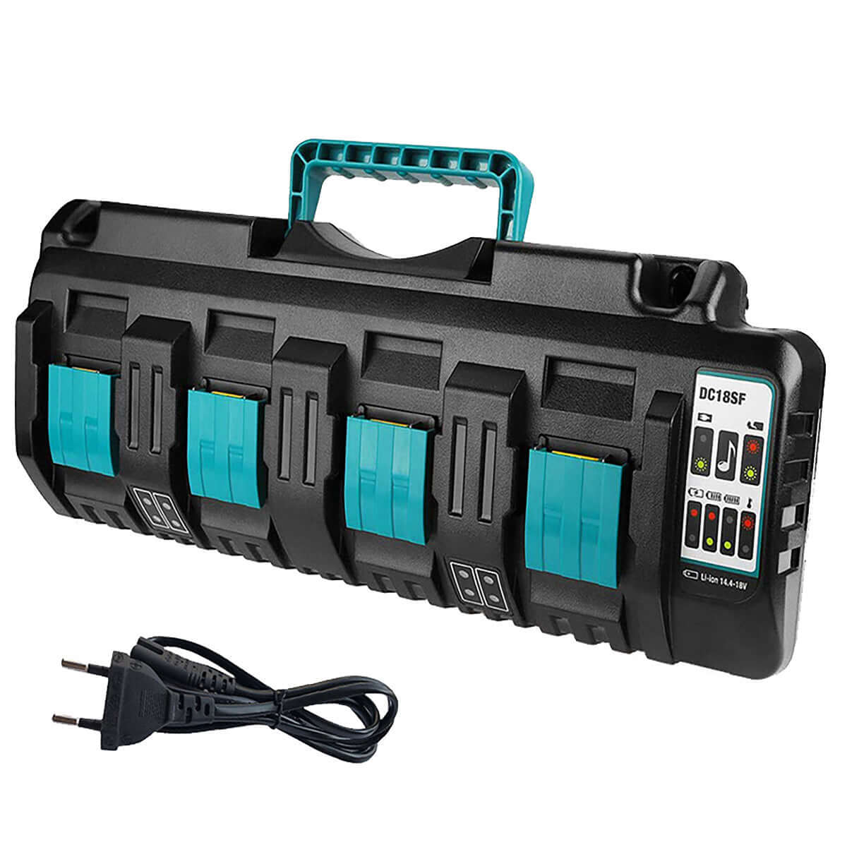 Een Makita DC18SF 4-poorts lader met indicatorscherm Replacement in zwart en groenblauw, met draaghandvat, vier laadpoorten, indicatielampjes en een afneembaar tweepolig netnoer.