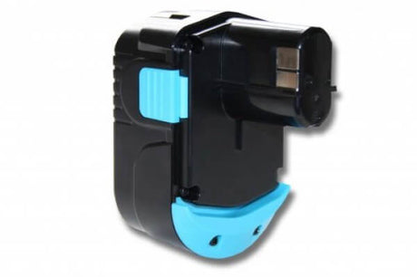 Een zwart-blauwe Hitachi 18V Ni-MH Accu Vervanging, compatibel met EB1812S, EB1830HL, EB1840HL & BSL1830 batterijen voor Hitachi & Hikoki 18V gereedschap, rechthoekig met metalen connectoren op witte achtergrond.