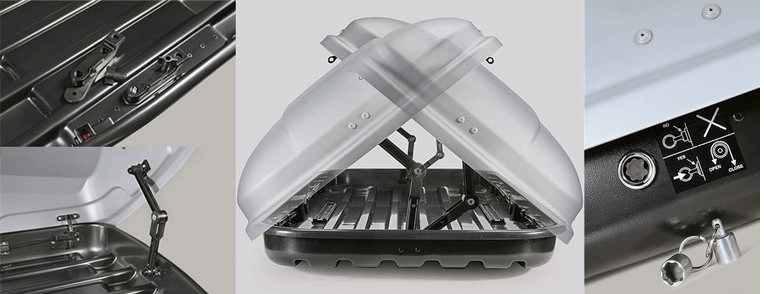 Collage met verschillende aanzichten van de Te huur: Bagagebox trekhaakbox Trekhaakbox V2 390 liter, met de nadruk op het geopende deksel, het vergrendelingsmechanisme, de scharnieren aan de binnenkant, de close-up van het sleutelgat en de gebruiksaanwijzing - perfect voor elektrische autobezitters.