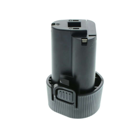 Een zwarte, cilindervormige Vervangende Makita BL1013 accu - 10,8V Li-ion (vervangt 194550-6, 194551-4, 195332-9, BL1014) met geribbelde basis en twee aansluitingen bovenaan, afgebeeld op een witte achtergrond als vervanging voor Makita gereedschap.