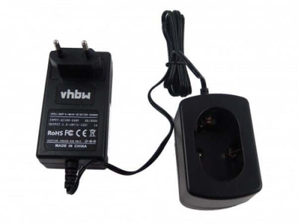 Een zwarte vervangende Makita 1,2V-27V Ni-CD & Ni-MH accu's met twee ronde pinnen en snoer, afgebeeld met een bijpassende oplaadbasis; compatibel met DC07SA, DC07SB, DC10WA, DC12SA, DC1414 en DC18RC.