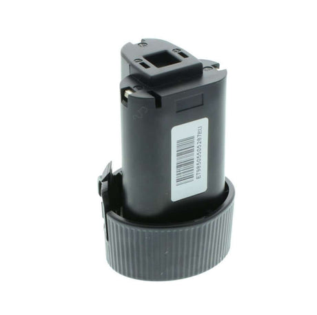 Een Vervangende Makita BL1013 accu - 10,8V Li-ion - met een zwarte cilindrische behuizing, grijze basis en witte barcodesticker staat rechtop tegen een witte achtergrond; vervangt 194550-6, 194551-4, 195332-9, BL1014.