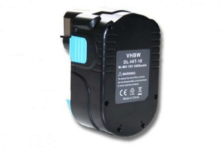 Zwarte VHBW DL-HIT-18 accu, 3000mAh, vervanging voor Hitachi 18V Ni-MH (EB1812S/EB1830HL/EB1840HL/BSL1830), geschikt voor Hitachi & Hikoki 18V gereedschap; met label, waarschuwing en blauwe accenten op witte achtergrond.