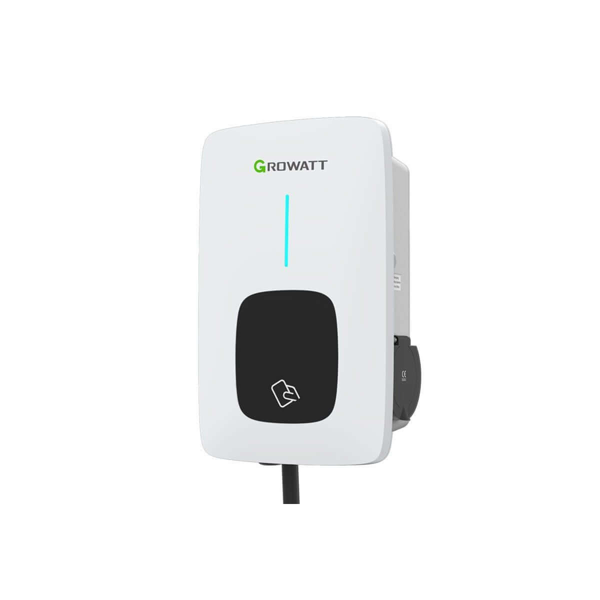 De Laadpaal Growatt THOR 11kW/22kW Wifi RFID 4G, een witte EV-lader met een zwart paneel, blauwe LED-indicator en bodemkabel, wordt getoond op een effen witte achtergrond - een ideale slimme laadpaal voor elke EV laadoplossing.