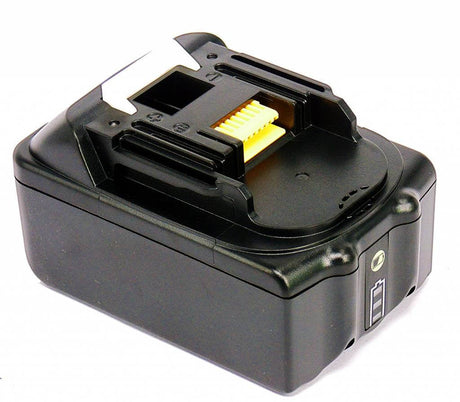 Een zwarte Makita 18V Li-Ion accu met LED-indicator, vervanging voor BL1830B, BL1840B, BL1850B, BL1860B. Compatibel met Makita DDF, DHP, DTD en DHR gereedschap. Gele contacten en witte ontgrendelknop zichtbaar.