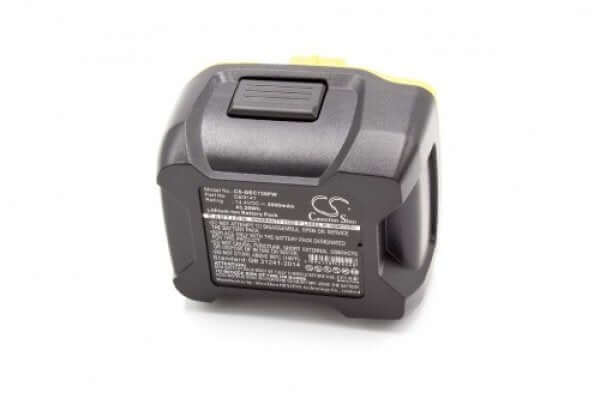 Een zwarte, rechthoekige, oplaadbare accu voor Dewalt 14,4V Ni-MH (vervangend voor DE9141, DC9091, DE9092) met specificatielabel en drukknoprelease, geschikt voor boormachine, zaag en slagmoersleutel.