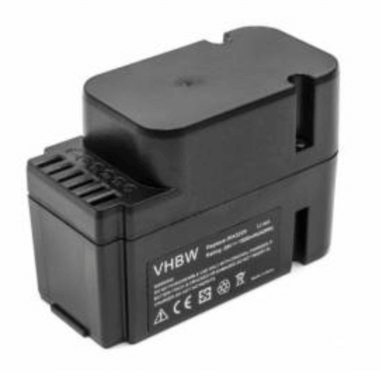 Een zwart rechthoekige vervangende grasmaaier accu (Li-Ion, 1500mAh) met duidelijk etiket, ventilatiesleuven en veiligheidssymbolen. Compatibel met Worx 28V WG150, WG540 tuingereedschap en WA3225/WA3565 accu's.