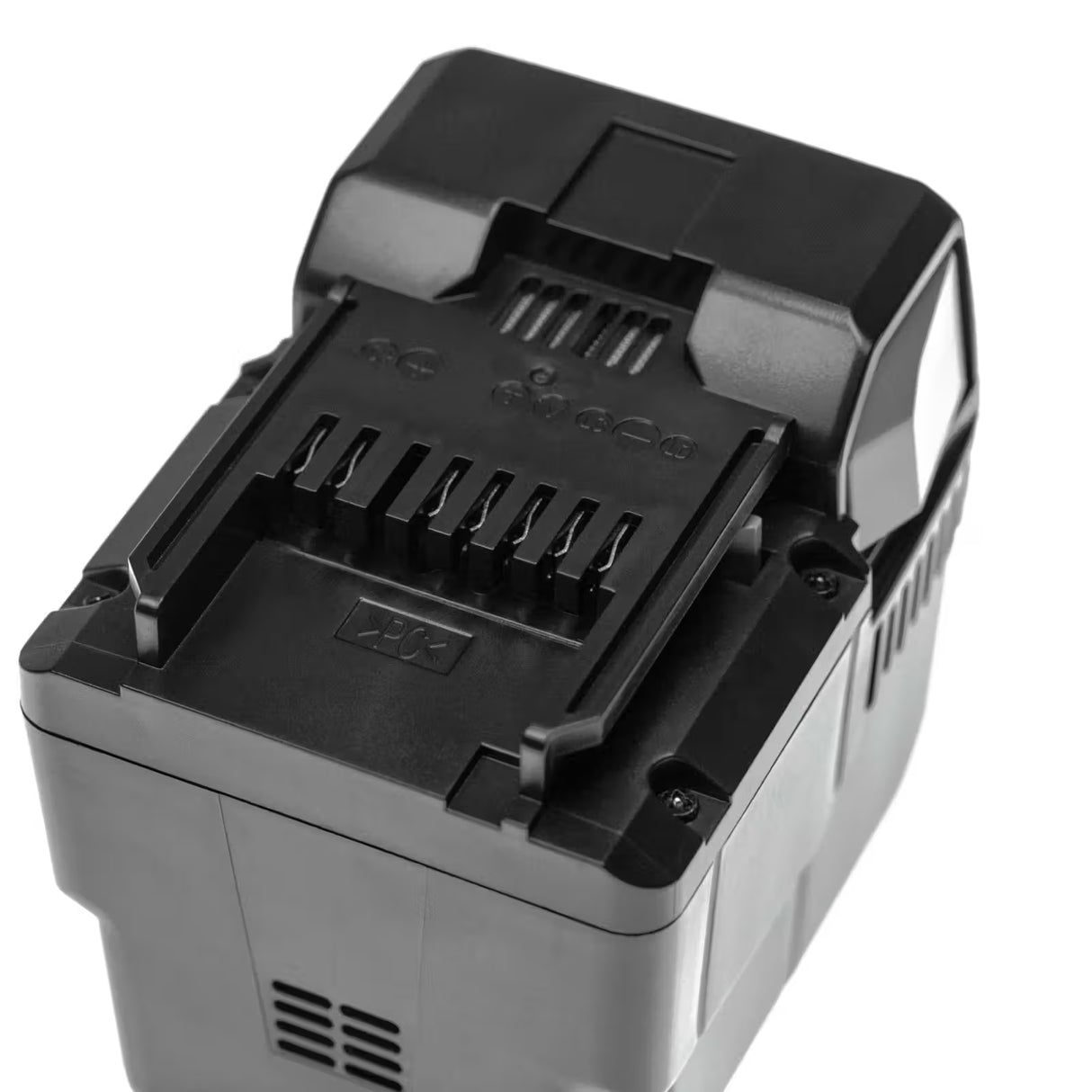 Een close-up van een Accu voor Hitachi DH 36DAL BSL 3636 36V Li-Ion accupack met zichtbare metalen connectoren, tegen een witte achtergrond.