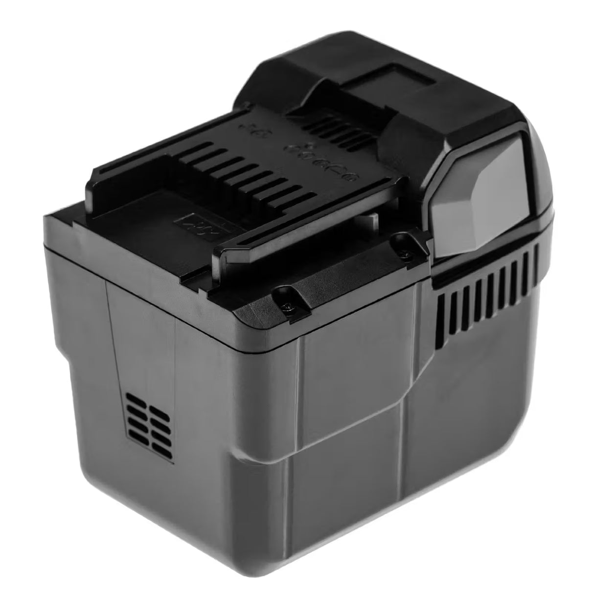 Een zwarte Accu voor Hitachi DH 36DAL BSL 3636 36V Li-Ion oplaadbare accu met geventileerde zijkanten en een bevestigingssleuf, weergegeven op een witte achtergrond.