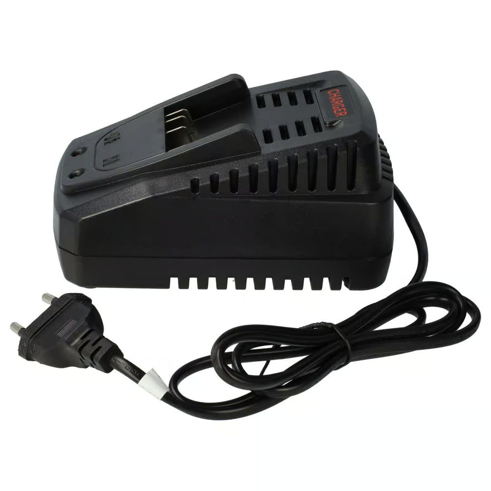Een zwarte Bosch lader voor 14,4V & 18V Li-Ion accu's (compatibel met BAT607, BAT614, BAT618; vervangt 2 607 336 078, DDS180-serie) met een tweepolige stekker en koelopeningen is afgebeeld op een witte achtergrond.