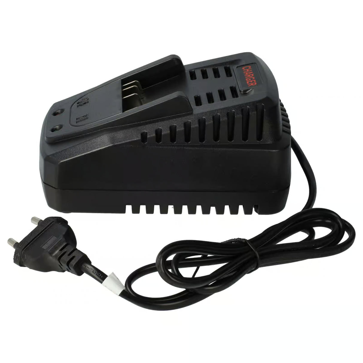 Een zwarte Bosch lader voor 14,4V & 18V Li-Ion accu's (compatibel met BAT607, BAT614, BAT618; vervangt 2 607 336 078, DDS180-serie) met een tweepolige stekker en koelopeningen is afgebeeld op een witte achtergrond.