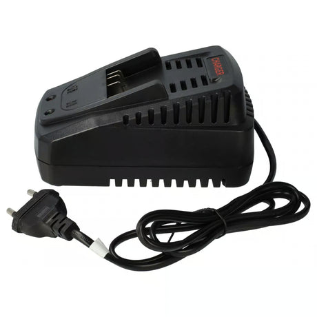 Een zwarte Bosch lader voor 14,4V & 18V Li-Ion accu's (compatibel met BAT607, BAT614, BAT618; vervangt 2 607 336 078, DDS180-serie) met een tweepolige stekker en koelopeningen is afgebeeld op een witte achtergrond.