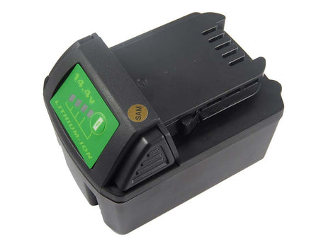 Een zwarte rechthoekige Accu voor Milwaukee M14 BX 14,4V Li-Ion met een groene sticker en kleine gouden SAM-sticker, voorzien van zichtbare aansluitingen, laadindicator, en geschikt als vervangende accu voor diverse elektrische gereedschappen.