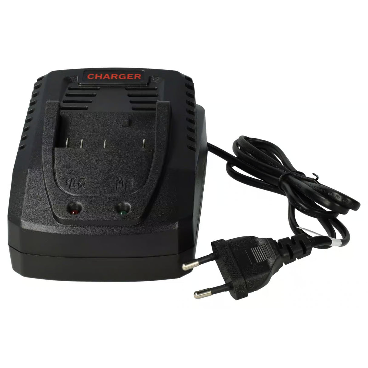 Een zwarte Bosch oplader voor 14,4V & 18V Li-Ion accu's (BAT607, BAT614, BAT618) met EU-stekker, twee indicatielampjes, gelabelde accusleuf en "CHARGER" in rood op de bovenkant. Vervangt 2 607 336 078/2607336078 (DDS180-serie).