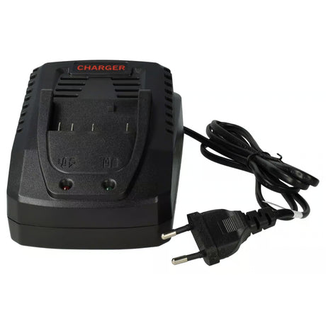 Een zwarte Bosch oplader voor 14,4V & 18V Li-Ion accu's (BAT607, BAT614, BAT618) met EU-stekker, twee indicatielampjes, gelabelde accusleuf en "CHARGER" in rood op de bovenkant. Vervangt 2 607 336 078/2607336078 (DDS180-serie).